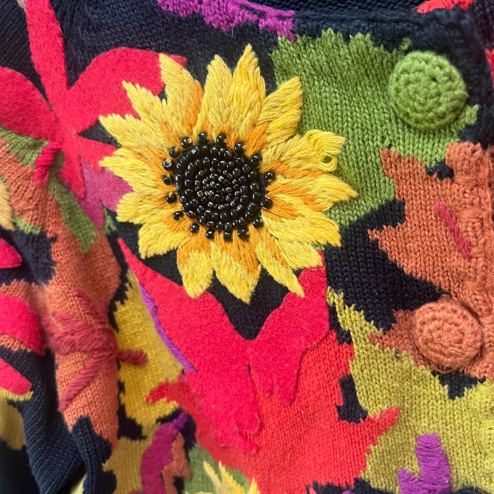 Michael Simon Vintage 1998 Sunflower Fall Leaf Beaded Cardigan Sweater Womens S - Picture 4 of 5